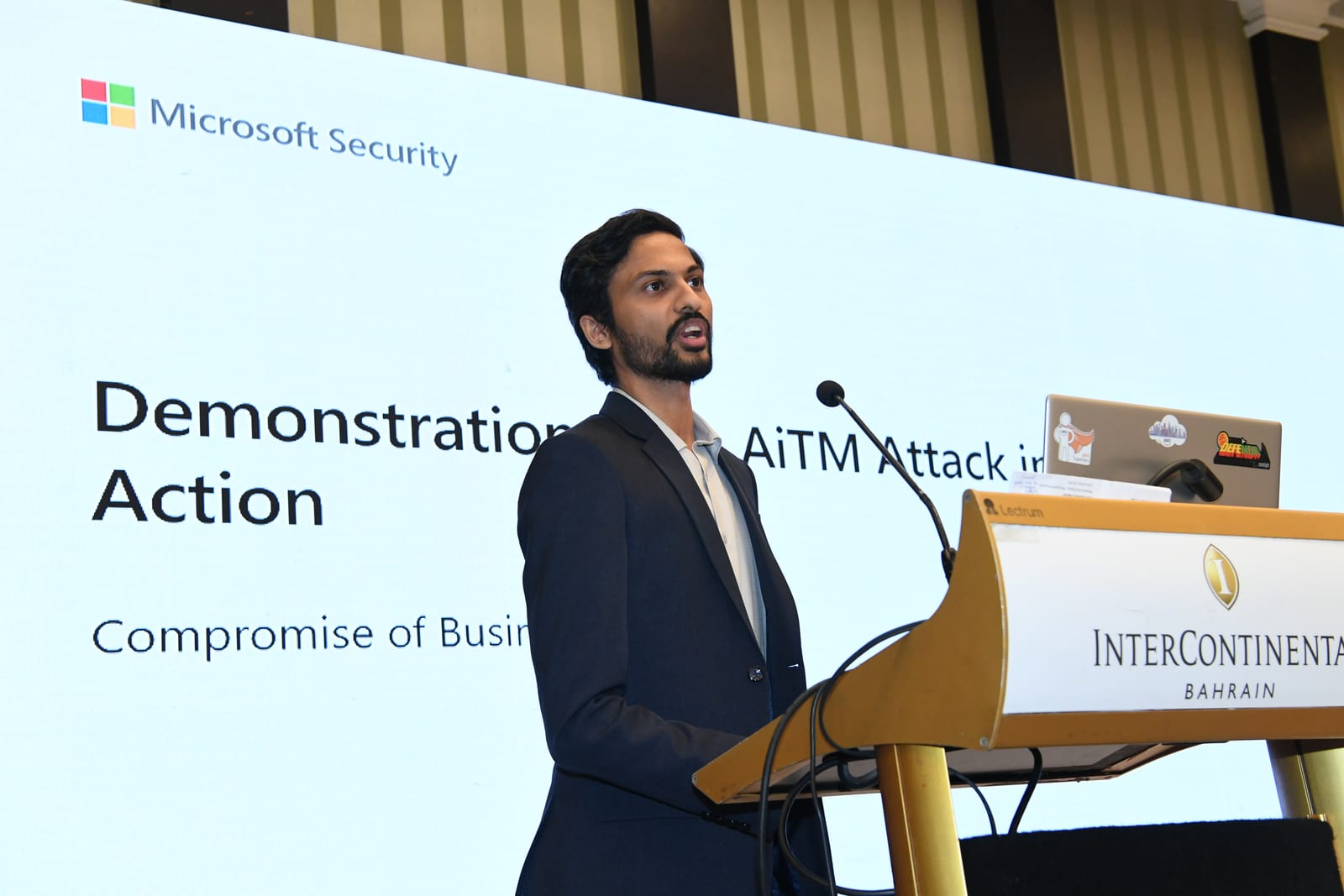 Sreejith Pillai of ACME presenting a Microsoft Security AiTM attack demonstration at the InterContinental Bahrain